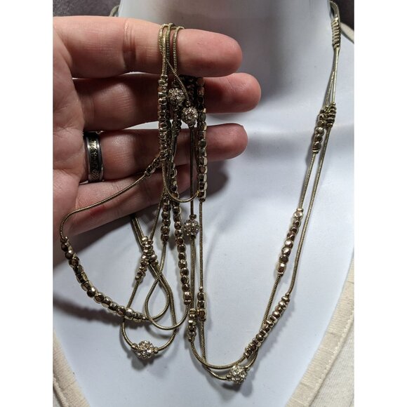 Elegant Glam Silver Tone Bead And Rhinestone Layered Station Necklace - Picture 3 of 6